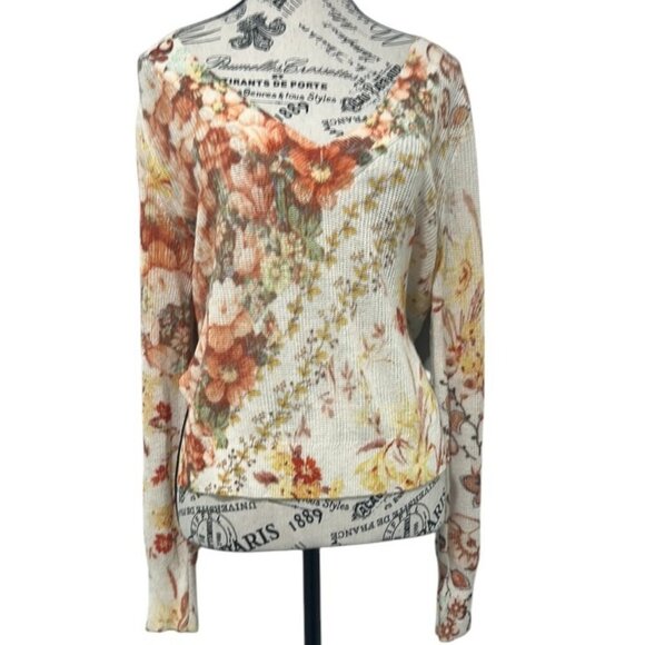 Anthropologie Floral Knit Sweater XS Ivory Linen Blend V Neck - Picture 3 of 16